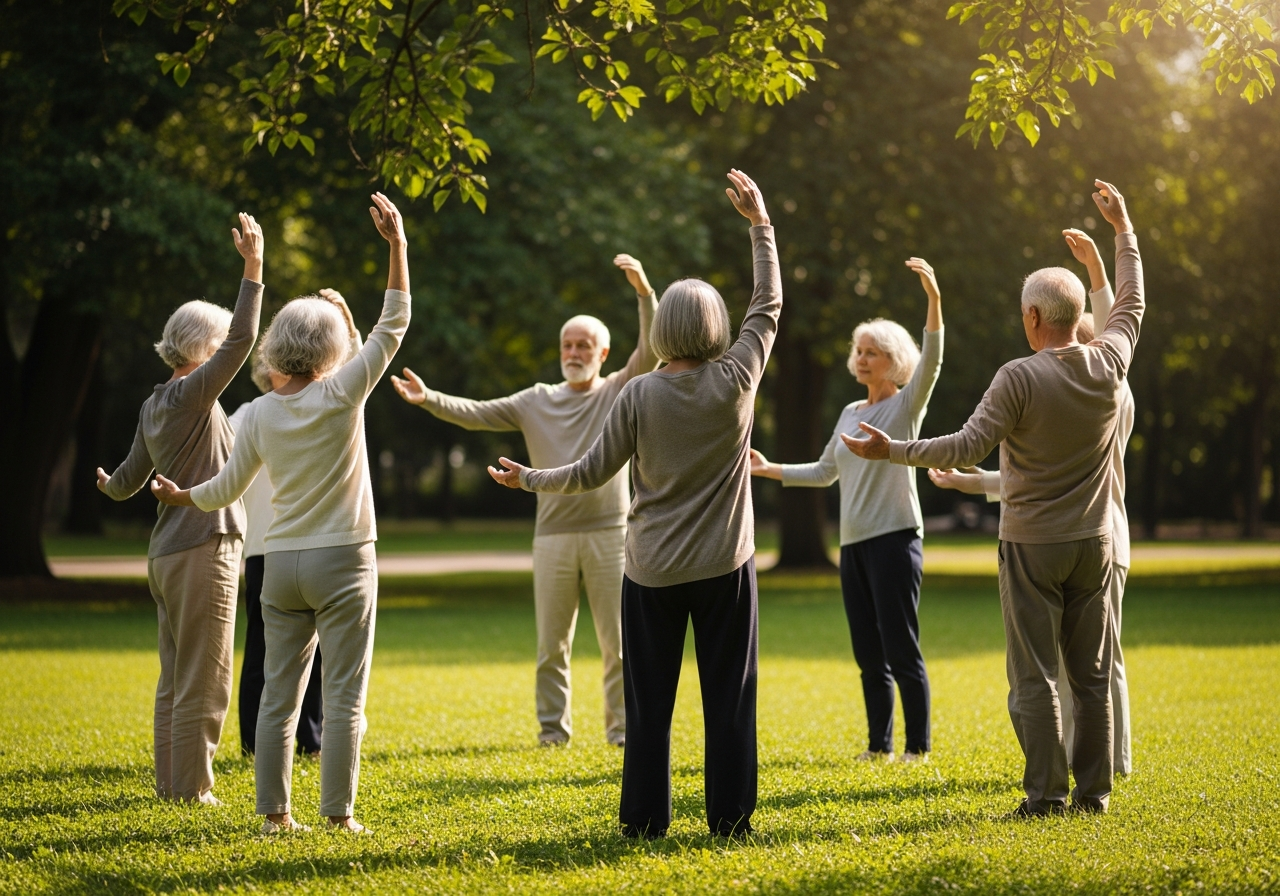 Older adults practicing Qigong together outdoors