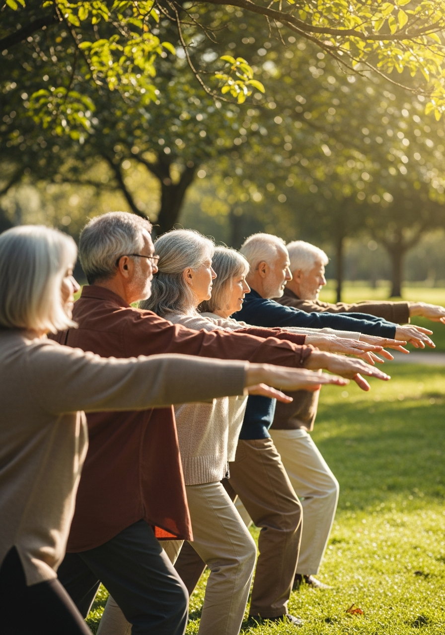 Group practicing gentle Qigong movement in a park